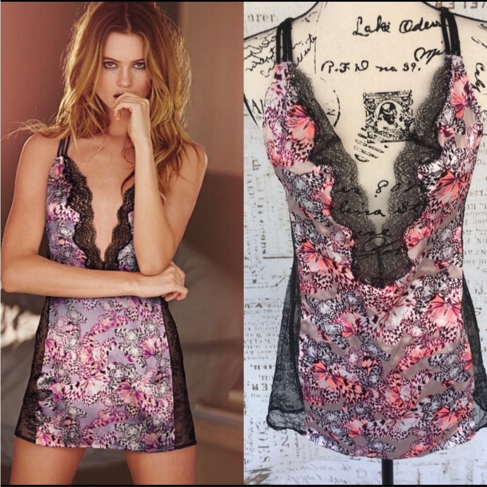 Victoria's Secret Pink and Black Leopard Print Nightie with Black Lace Trim